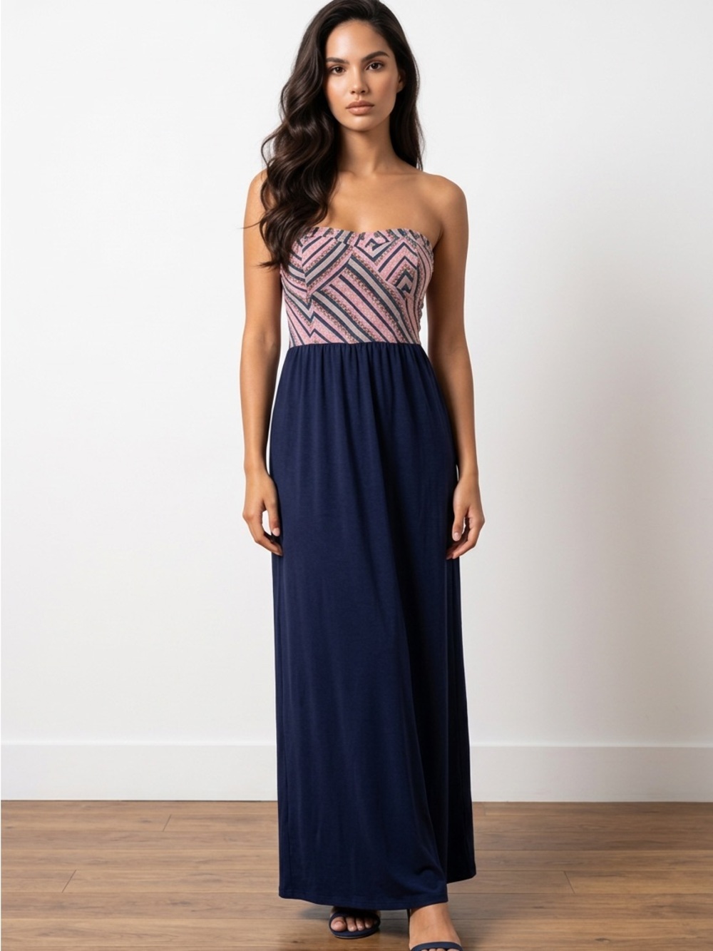 love, Fire Strapless Pink Patterned Bodice Navy Maxi Dress